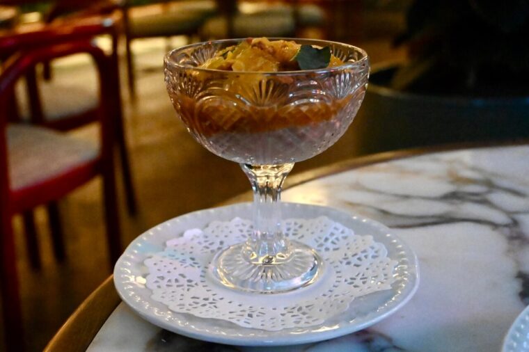 Chocolate mousse in a pretty cut glass coupe at Nessa