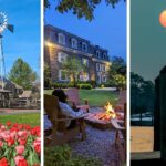 A three-panel image showcasing top weekend getaways near Philadelphia. The left panel features Peddlers Village in spring, with vibrant red and pink tulips in the foreground and a traditional American windmill against a bright blue sky. The center panel shows the historic stone facade of Woolverton Inn at dusk, with a person relaxing in an Adirondack chair beside a cozy fire pit, creating a warm and inviting atmosphere. The right panel captures a serene sunset at Kent Narrows, Maryland, with the orange sun hanging low in a teal sky over silhouetted wooden dock pilings, with boats visible in the background. Together, these images represent the variety of experiences available within a two-hour drive of Philadelphia, from countryside charm to waterfront relaxation.