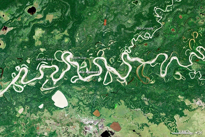 Satellite image showing the changing river patterns of the Amazon River. Image: NASA, public domain.