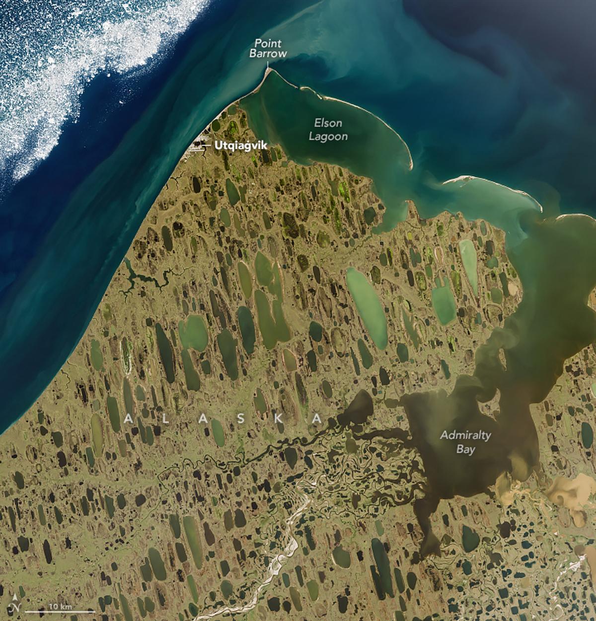 Satellite image of Point Barrow and the Alaskan city of Utqiaġvik. Image; Landsat 9, August 6, 2023.
